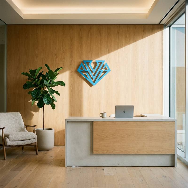 Recepção da sede da Vrexolu: parede revestida de madeira com o símbolo da Vrexolu em azul, balcão de concreto, planta, poltrona e luz natural